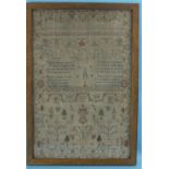 A late-18th century needlework sampler worked in coloured thread on ivory ground, with alphabets,