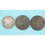 A George II 1743 shilling, a George IV 1827 half-penny and a 1794 Gosport Promissory half-penny