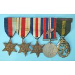 A WWII group of five medals, all unnamed: 1939-45 Africa, France & Germany Stars, 1939-45 War