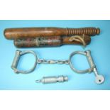 A pair of Hiatt "Best Warrented Wrought" handcuffs, numbered '95', with key, an ARP whistle and
