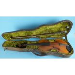 A full-size violin in case, with 25.5cm two-piece back, rosewood tuning pegs and bow.
