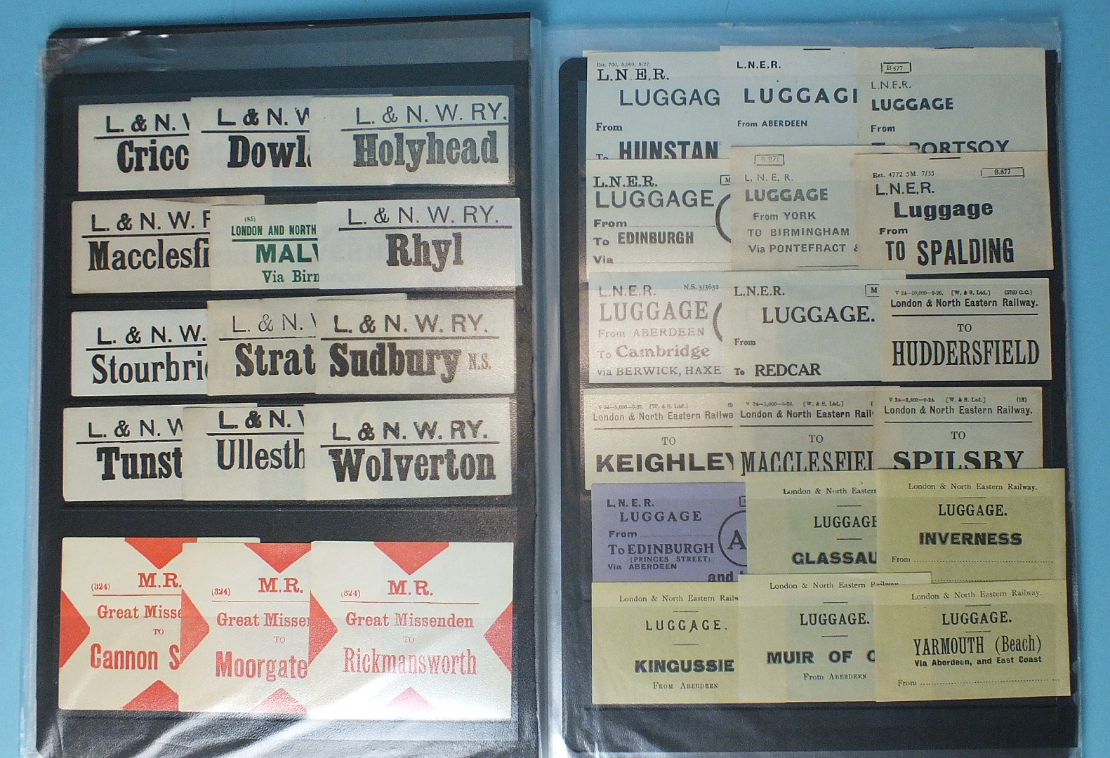 A collection of 319 railway labels from BR, B&ER, Caledonian, Cambrian, CR, GER, GS&WR, SL&NC,