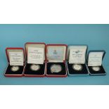 Five Royal Mint cased coins, including a silver proof 1995 £2 coin, (50th Anniversary of the