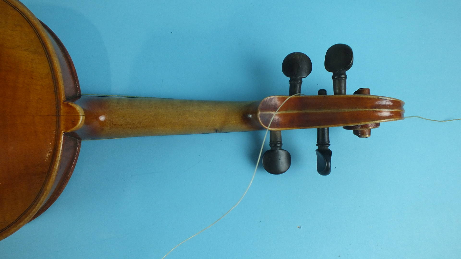 A full-size violin in case, with 25.5cm two-piece back, rosewood tuning pegs and bow. - Image 7 of 9