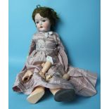 A C M Bergmann bisque head doll with sleeping brown eyes, mohair wig and jointed composition body,