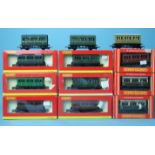 Hornby, nine boxed and three unboxed four-wheel coaches, SR, LMS and GWR, (12).