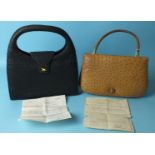 A tan Ostrich leather handbag with Kenyan export permit dated 1963 and another, black, with permit