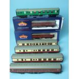 Bachmann, an LMS brake/3rd coach, (crimson), boxed, another, box a/f and five unboxed coaches, (7).