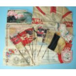 Seven various miniature silk national flags c1900, various cloth and tissue souvenirs and other