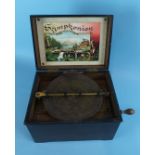 A French Symphonion 7½" disc music box in stained wood case, with paper label, 28cm wide,