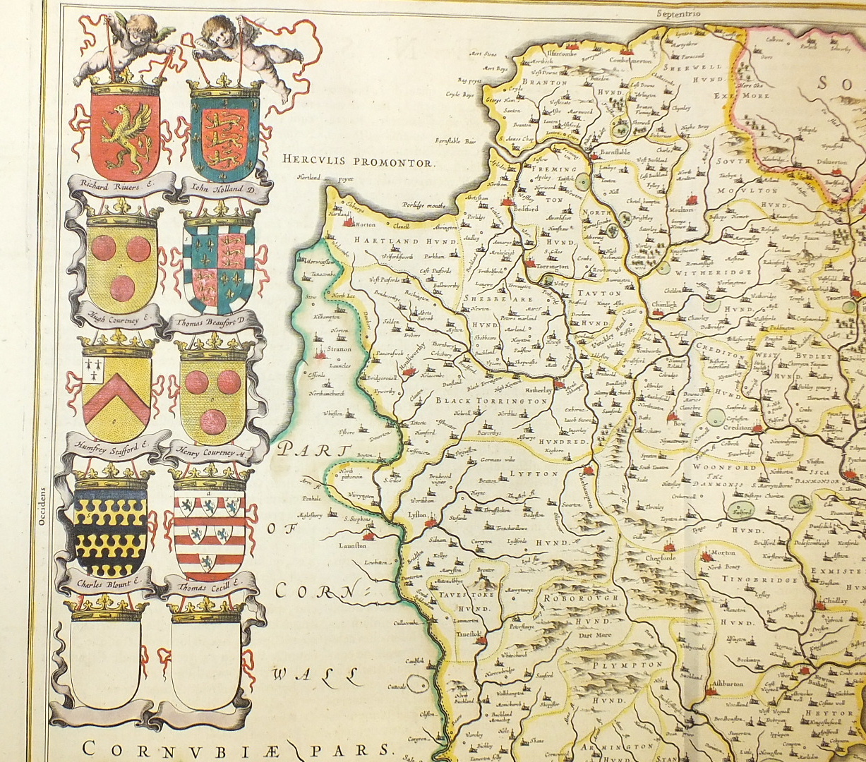 Two 18th century unframed hand-coloured maps of Devonia, together with coats of arms and Royal - Image 22 of 27