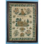 A 19th century needlework sampler worked in coloured threads on ivory background, depicting a