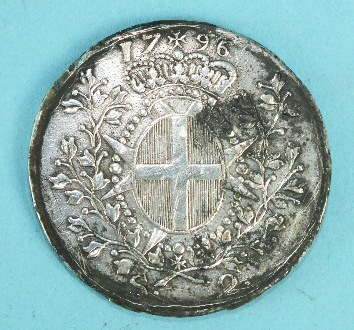 A 1796 Emmanuel De Rohan 2-Scudi Malta silver coin.