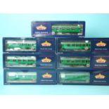 Bachmann, six BR Mk1 and one Mk2 coaches, (green), all boxed, (7).