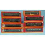 Hornby, eight boxed coaches: 2 BR composite, 2 SR Maunsell 1st corridor, 1 BR Maunsell 6-compartment