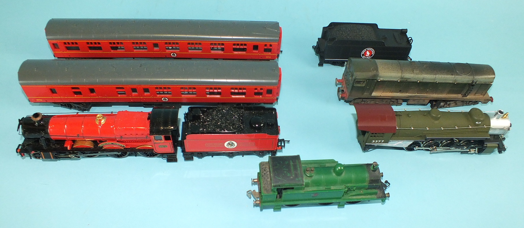 Bachmann, a Harry Potter Hogwarts Express and two coaches; Lima, Hornby, Triang, etc rolling