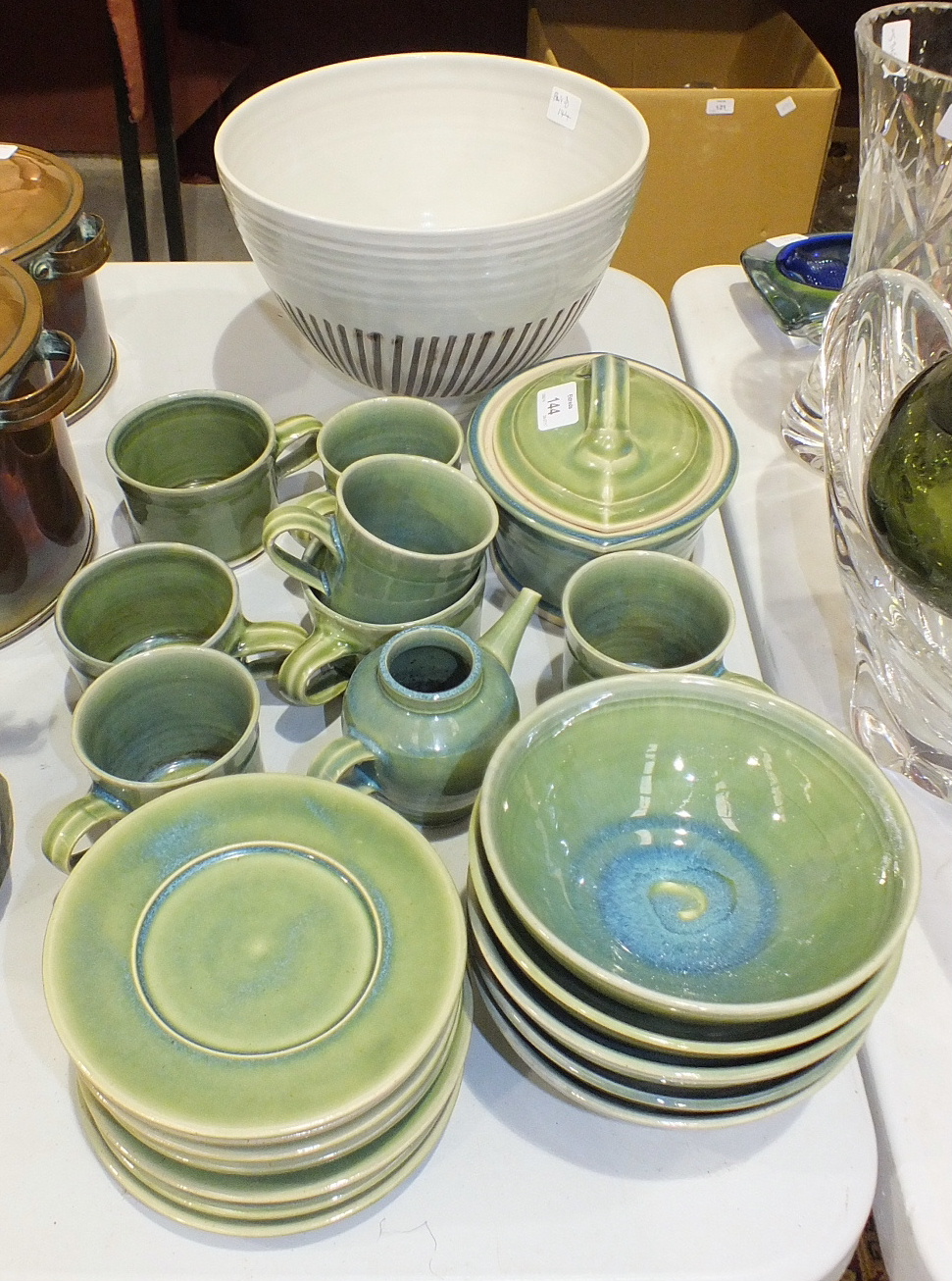 Twenty-two pieces of Taena Pottery mottled green and blue breakfast ware and other ceramics.