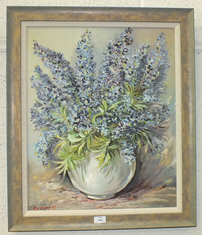 CHV Knight, 'Still life study of blue flowers in a vase', signed oil on canvas, 60 x 50cm,