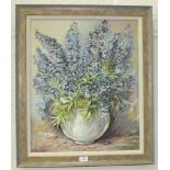 CHV Knight, 'Still life study of blue flowers in a vase', signed oil on canvas, 60 x 50cm,