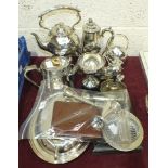 A pair of silver loaded candlesticks, (a/f), a spill vase, a plated spirit kettle, entree dish and