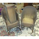 Two Lloyd Loom bedroom chairs and a matching linen basket, (3).