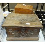 A rosewood work box, interior fitment lacking and two other boxes, (3).