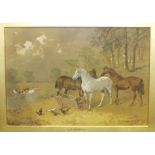 In the style of J F Herring, 'Cattle, horses and hens beside stream', watercolour, bears