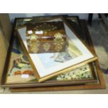 A brass moulded burr wood casket, 21cm wide, 12cm high, various ceramics, glassware, books and