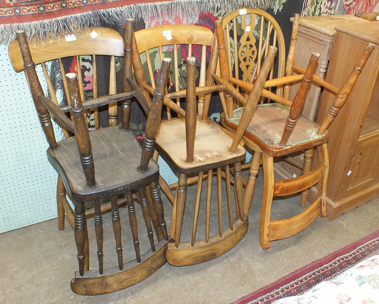 Four stick-back beech and elm kitchen chairs and two others, (6).