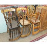 Four stick-back beech and elm kitchen chairs and two others, (6).