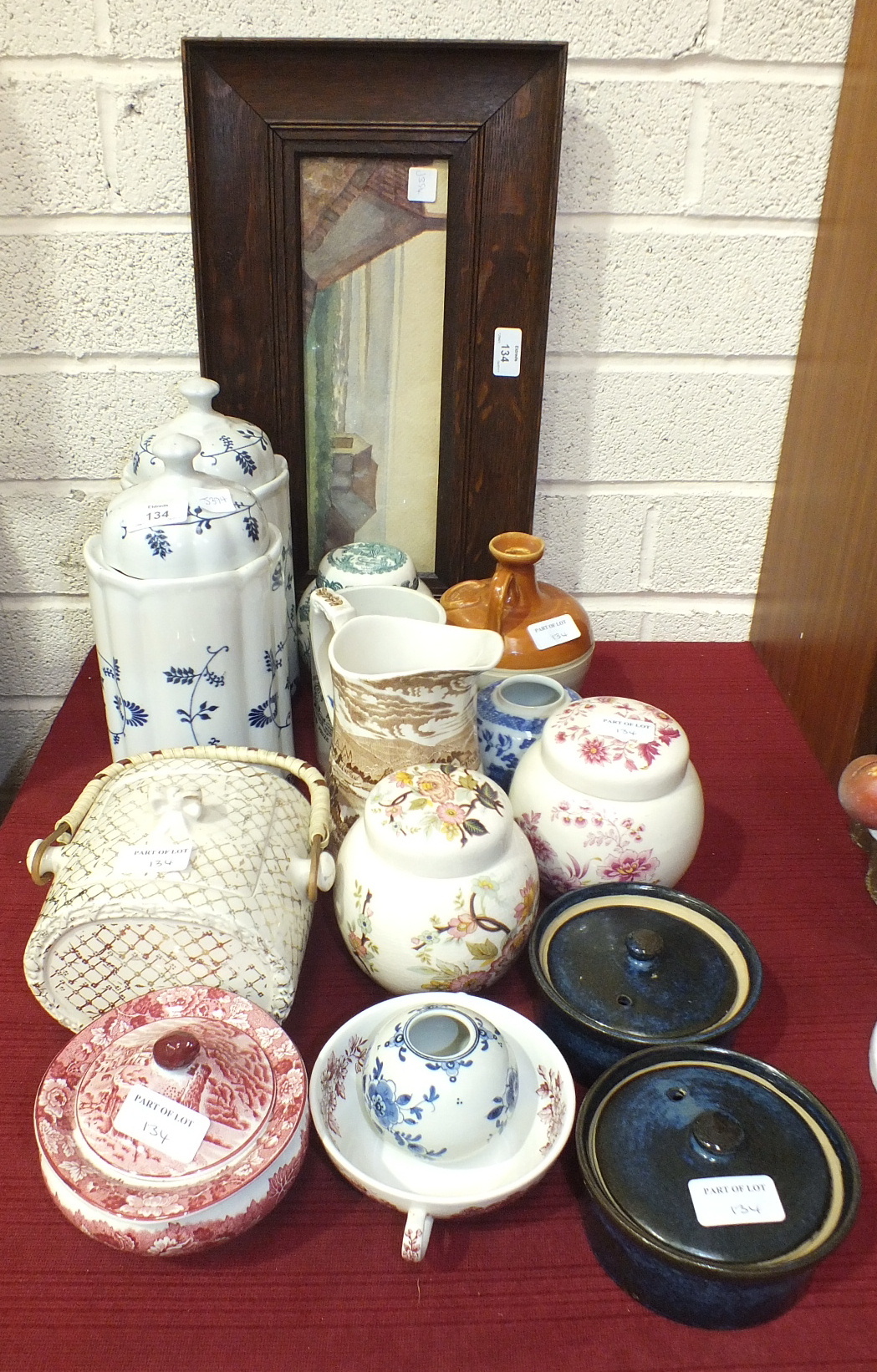 A pair of TC ceramic storage jars and covers, 29cm high, other ceramics and an indistinctly-signed