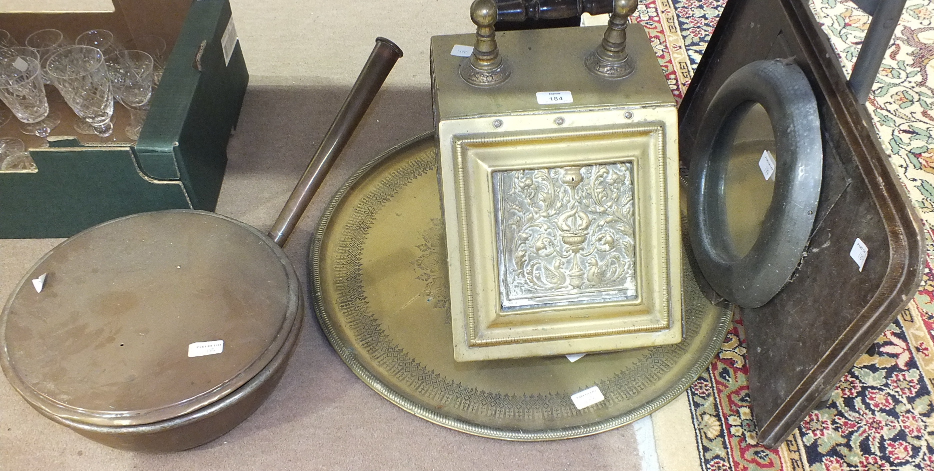 A brass coal box, a circular brass tray, a copper pan and cover, other brass, metal ware and - Image 2 of 2