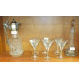 An etched glass liqueur decanter and stopper, 27cm, six matching liqueur glasses and a cut-glass
