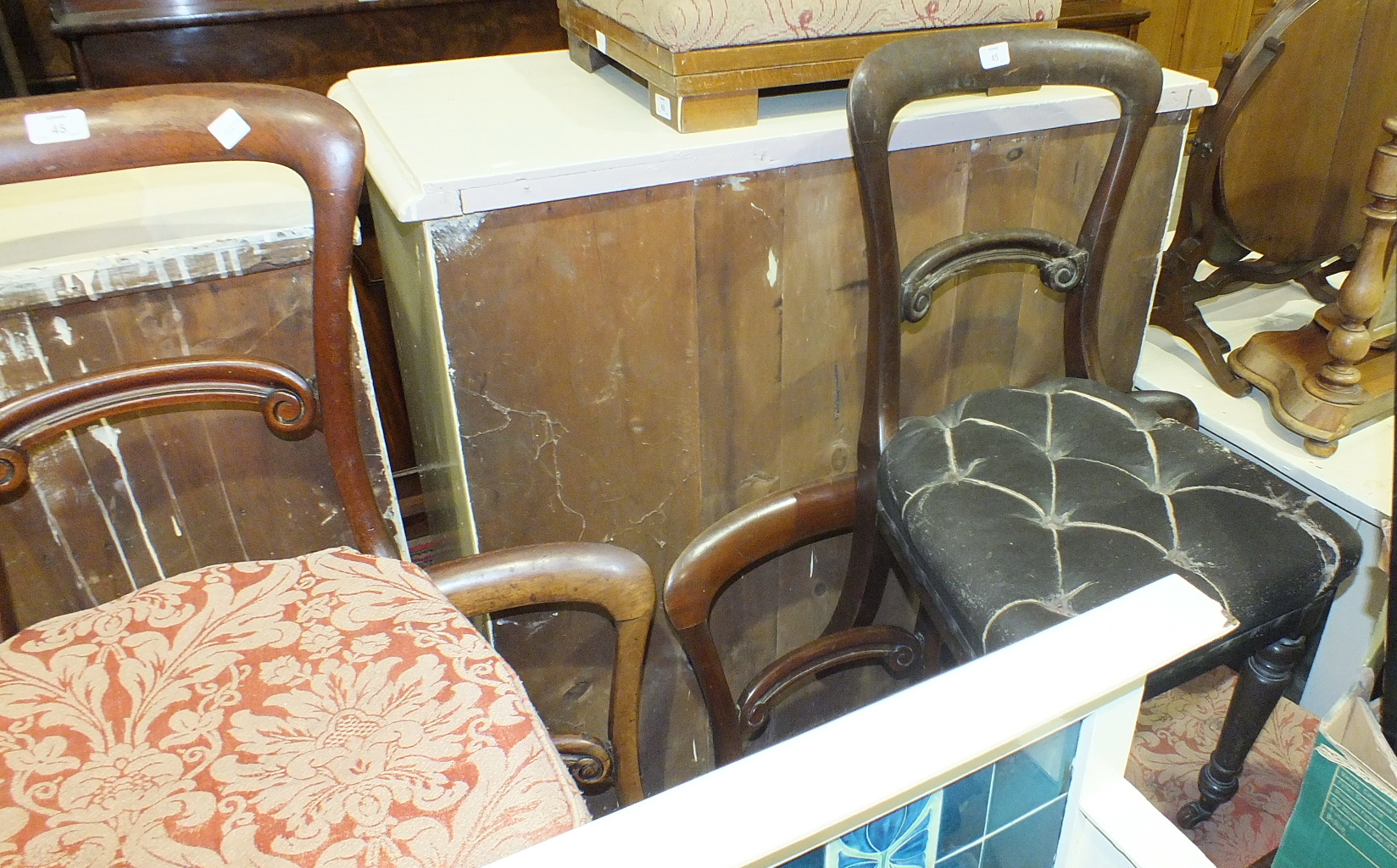 Nine Victorian mahogany balloon-back dining chairs, each with curved back and carved rail, on - Image 2 of 2