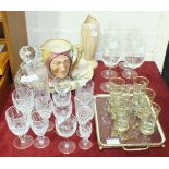A cut-glass decanter and stopper, various wine glasses and ceramics.
