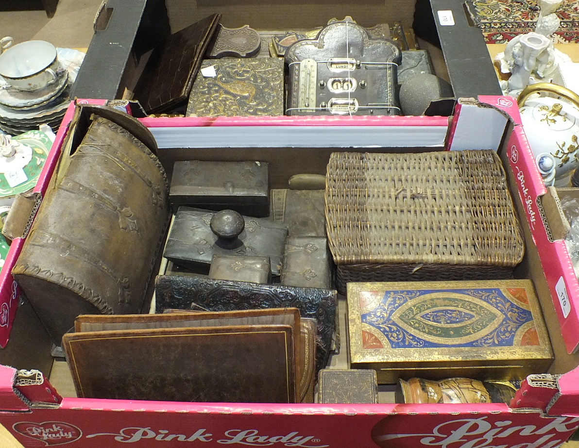 A collection of various wooden boxes, three extending book racks and miscellaneous items.