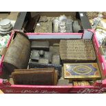 A collection of various wooden boxes, three extending book racks and miscellaneous items.