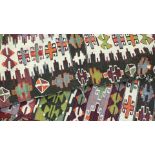 Two Turkish flat-weave rug fragments, bright green, white, orange, other colours and another flat-