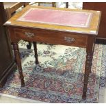 A stained mahogany writing table, the rectangular top with inset above a frieze drawer, on turned