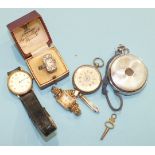 A ladies Continental silver-cased key-wind pocket watch, (a/f), a silver-cased ring-watch set