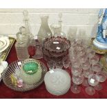 Three ruby and clear glass comports, 19.5cm diameter, 7cm high, (a/f), various decanters, wine and