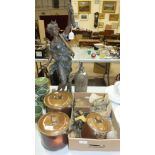 A spelter figure of the Goddess Diana with 'Fabrication Francaise' plaque, 72cm, (a/f), three copper