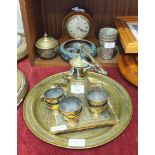 An inlaid mahogany case mantel timepiece with French movement, 15cm high, 30cm wide, a small