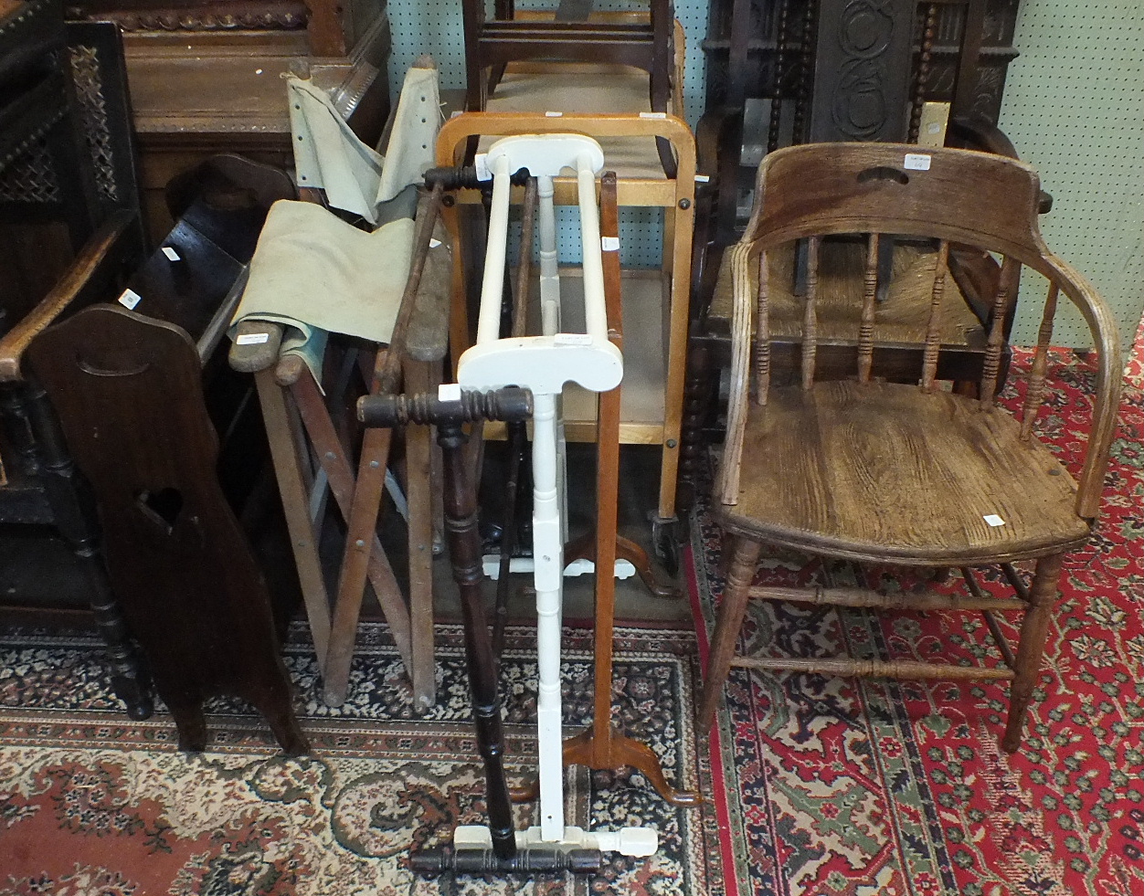 A rush-seated carver chair with bobbin-turned front legs, an elm armchair, two wooden towel rails, a - Image 3 of 3