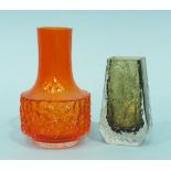 A Whitefriars green glass 'coffin-shaped' bark-textured vase designed by G Baxter, 13cm high and a