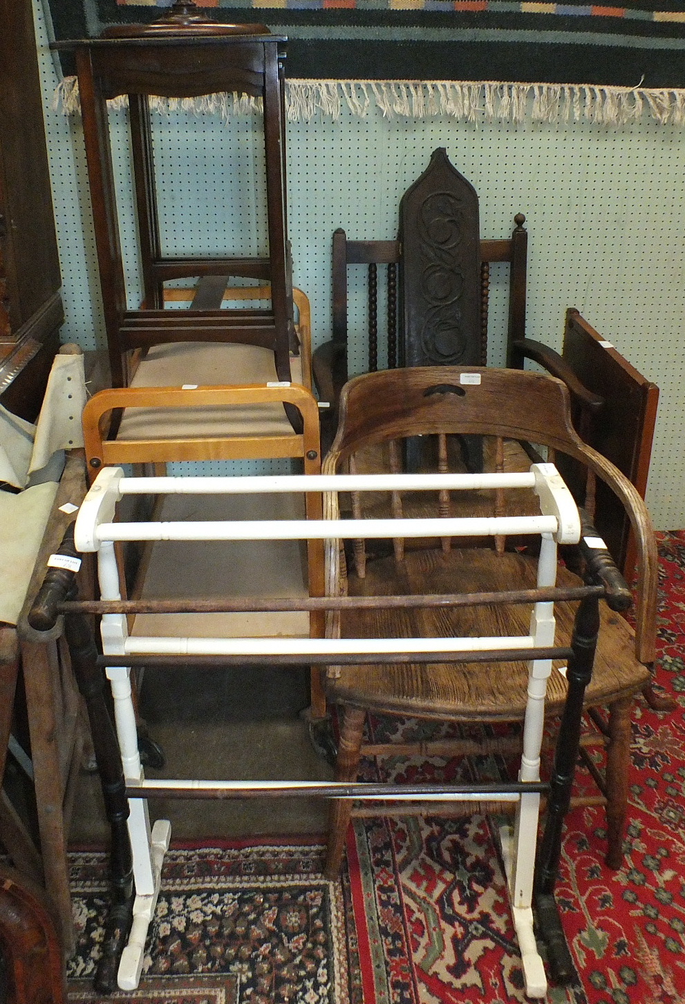 A rush-seated carver chair with bobbin-turned front legs, an elm armchair, two wooden towel rails, a - Image 2 of 3