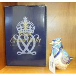 A Royal Crown Derby boxed 'Blue Jay' paperweight, gold stopper.