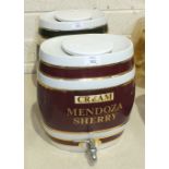 Two Dexam International Ltd Vitreous China Mendoza Sherry casks with metal taps, 30cm high, (2).