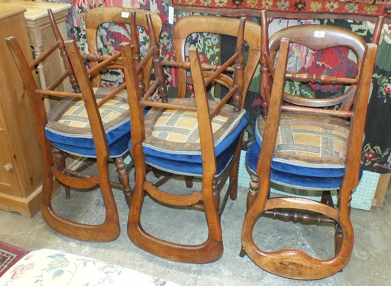 A set of four Late-Victorian stained wood dining chairs on turned front legs and a pair of similar - Image 2 of 2