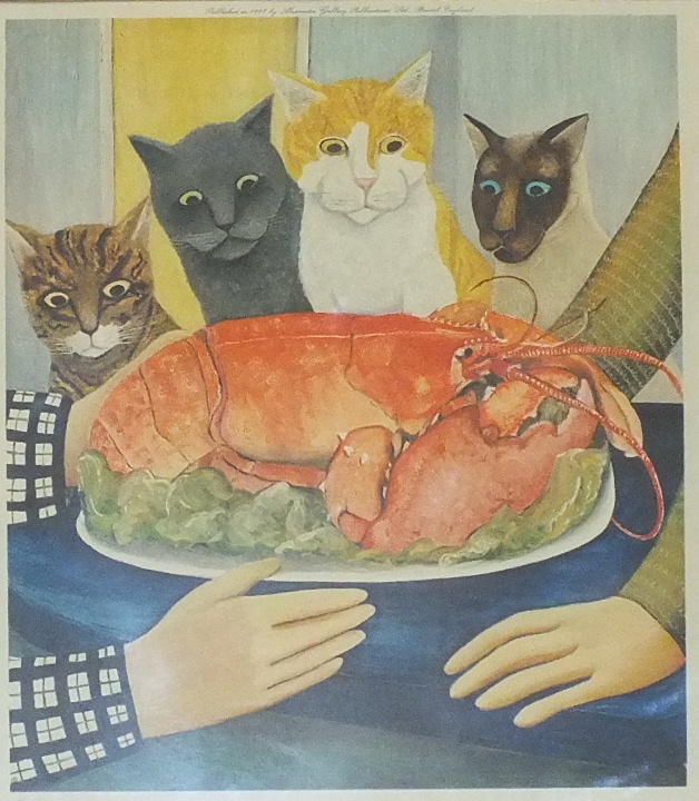 After Beryl Cook, (British, 1926-2008), 'Four Hungry Cats', a polychrome print, signed in pencil